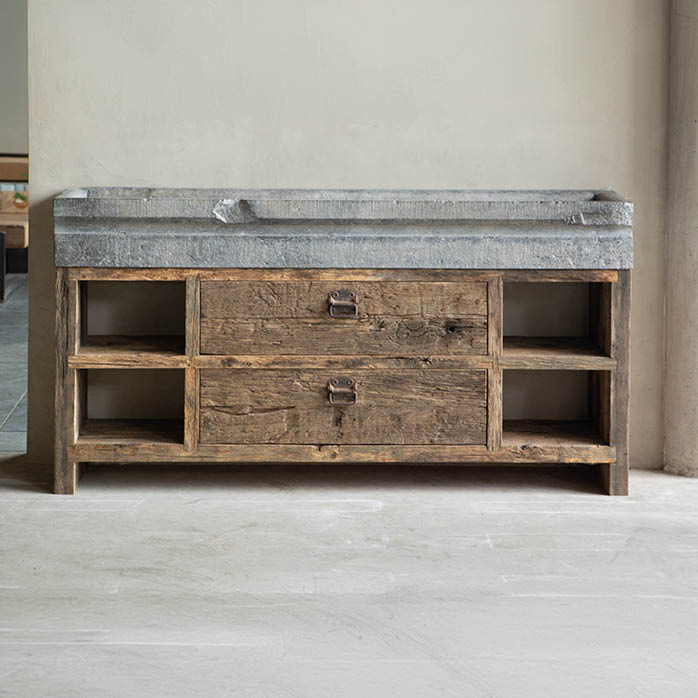 kasteelmeubel eiken badkamermeubel rustiek oud hout natuursteen