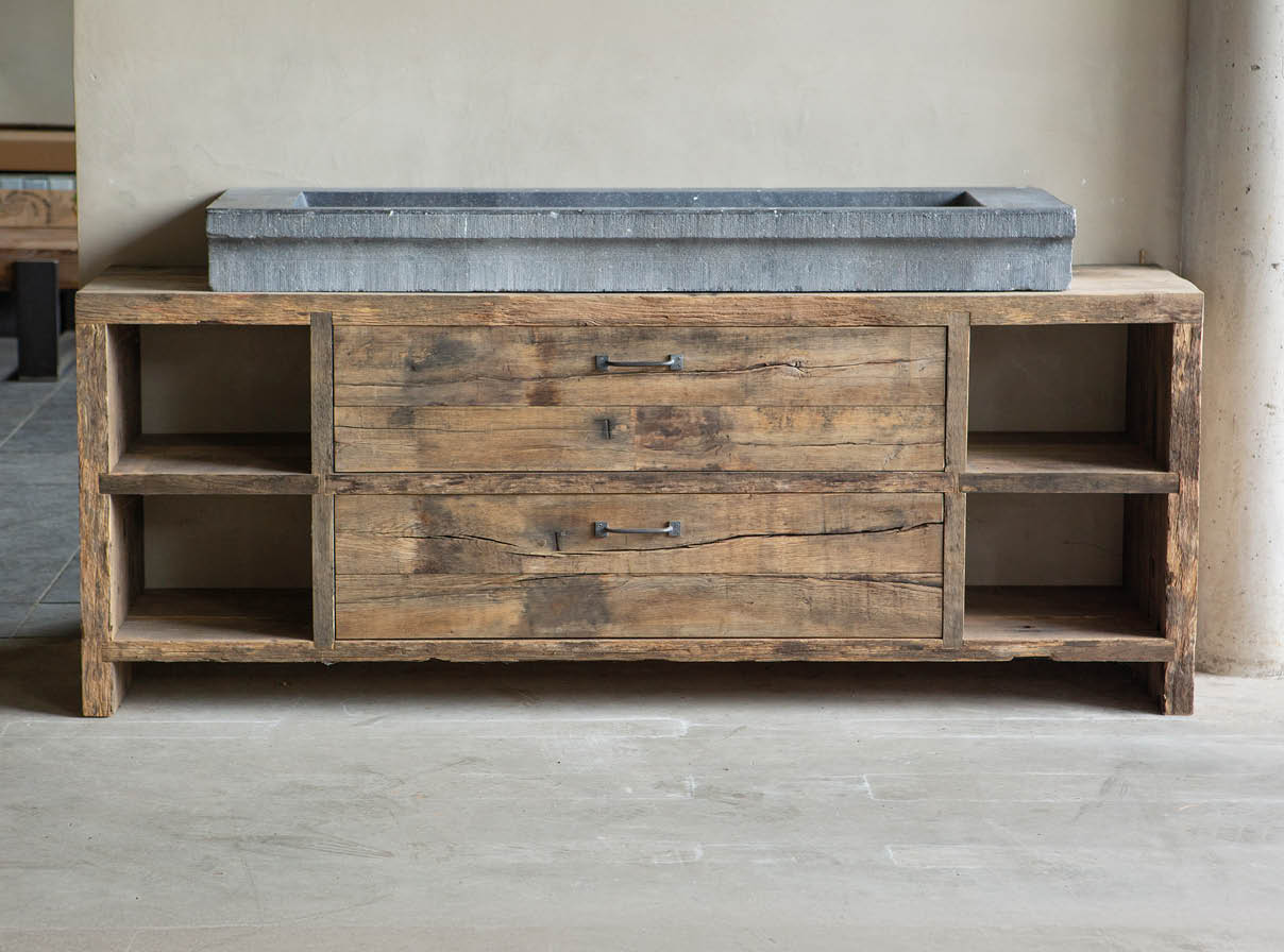 kasteelmeubels badkamermeubel rustiek grijs eiken hout natuursteen janvanijken kasteelmeubel wagondelen badkamermeubel oud eiken hardsteen janvanijken